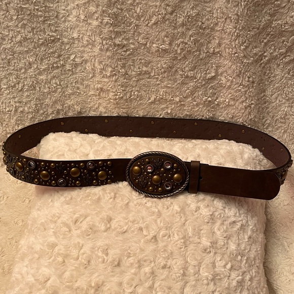 Brown Faux Leather Belt With Studs, Rhinestones, & Fleur-de-lis Studs 37”-41” XL - Picture 4 of 8
